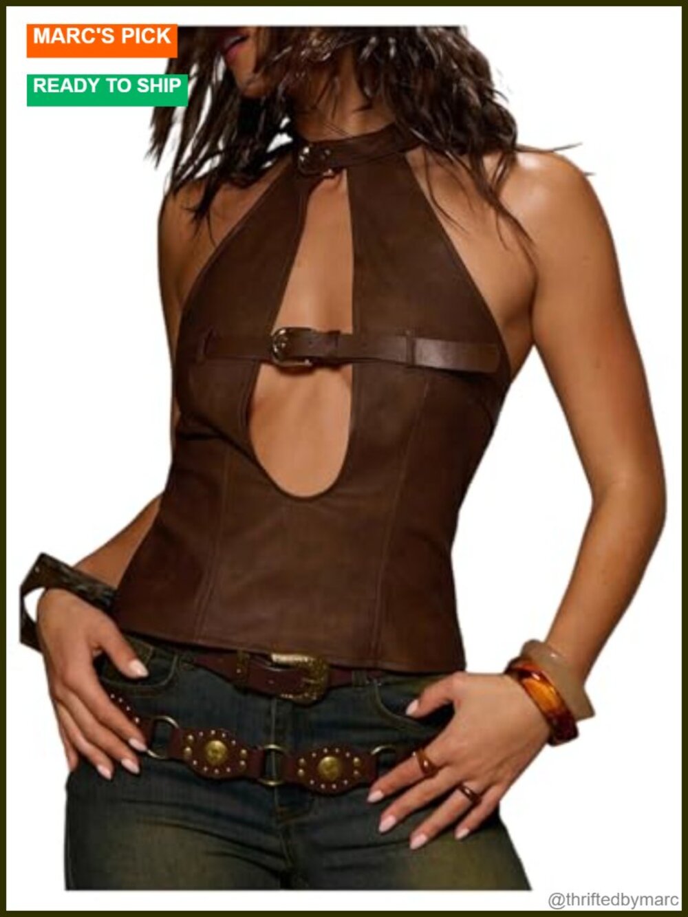PU Leather Halter Top Y2K Rave Party Clubwear Cut Out Backless